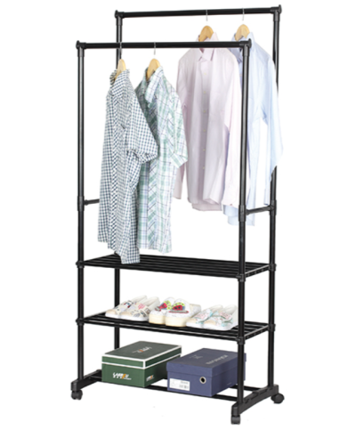 Cabide duplo com rodas e 3 prateleiras