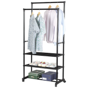 Cabide duplo com rodas e 3 prateleiras